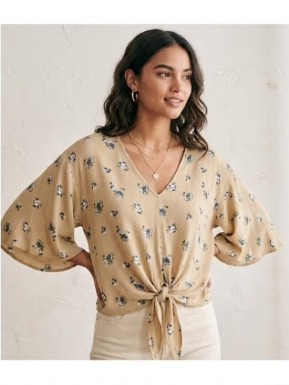 Final Touch Beige Floral Garden Print Rayon Blouse With Tie & Flutter Sleeves